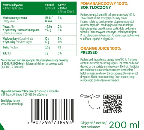DOLINA CZERSKA NFC Sok tłoczony pomarańcza 200ml 20x kubek