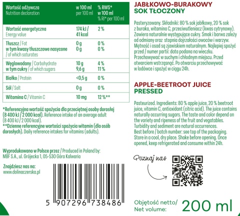 DOLINA CZERSKA NFC Sok tłoczony jabłko-burak 200ml 20x kubek