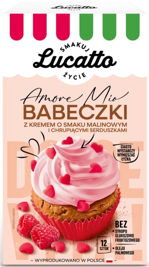 Lucatto Babeczki z kremem o smaku malinowym i chrupiącymi serduszkami 300g