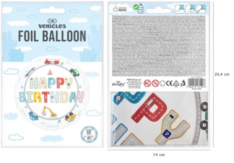 PartyPal Balon foliowy Happy Birthday Auta 45cm