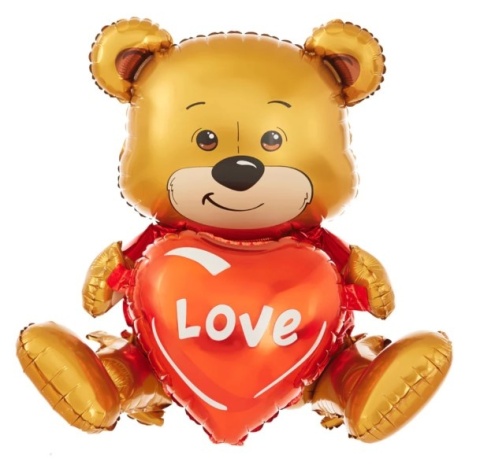 PartyPal Balon foliowy Miś siedzący z sercem love 41x50x31cm