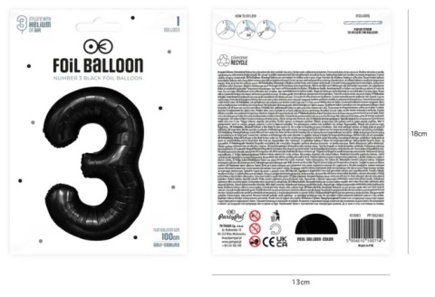 PartyPal Balon foliowy cyfra 3 czarny 100cm