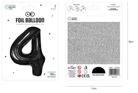 PartyPal Balon foliowy cyfra 4 czarny 100cm