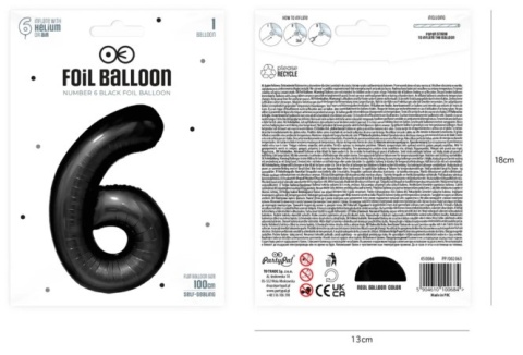 PartyPal Balon foliowy cyfra 6 czarny 100cm