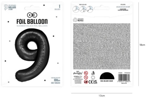 PartyPal Balon foliowy cyfra 9 czarny 100cm
