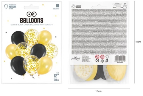PartyPal Balony 12 cali złoto-czarne mix z konfetti 10szt.