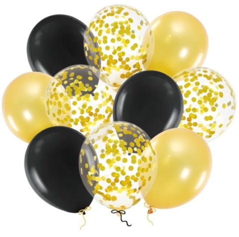 PartyPal Balony 12 cali złoto-czarne mix z konfetti 10szt.