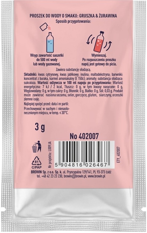 Vsypto Napój w proszku o smaku Gruszka Żurawina bez cukru 3g