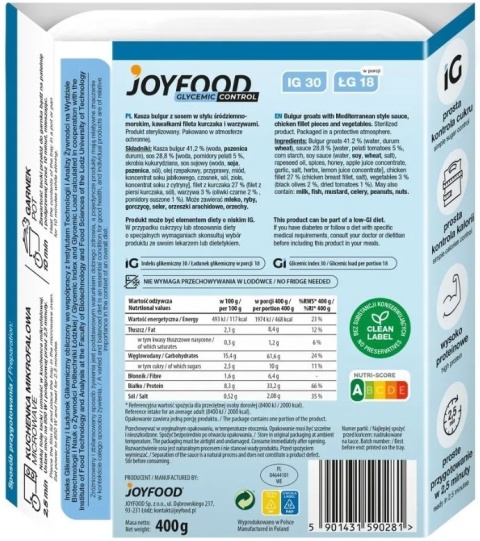 JOYFOOD Kurczak proteinowy w sosie śródziemnomorskim z kaszą bulgur IG 30 400 g