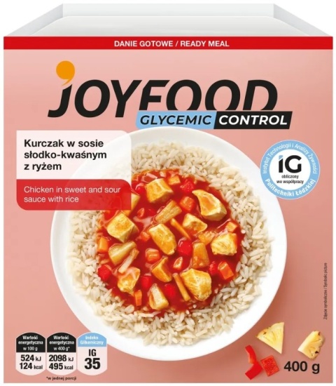 JOYFOOD Kurczak proteinowy w sosie słodko-kwaśnym z ryżem IG 35 400 g
