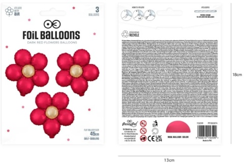 PartyPal Balon foliowy Kwiat czerwony matowy 45 cm 3szt