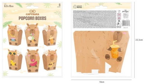 PartyPal Pudełko na popcorn Capybara Kapibara 8,5x15cm 6szt zestaw